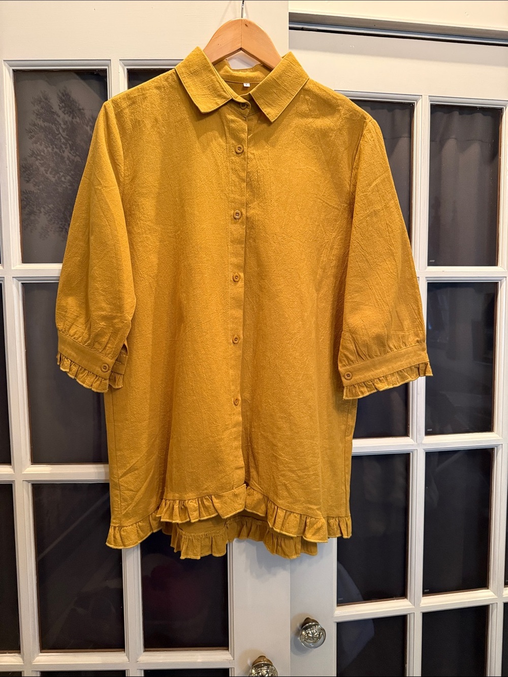Womans Mustard Ruffle-Hem Button-Up Top